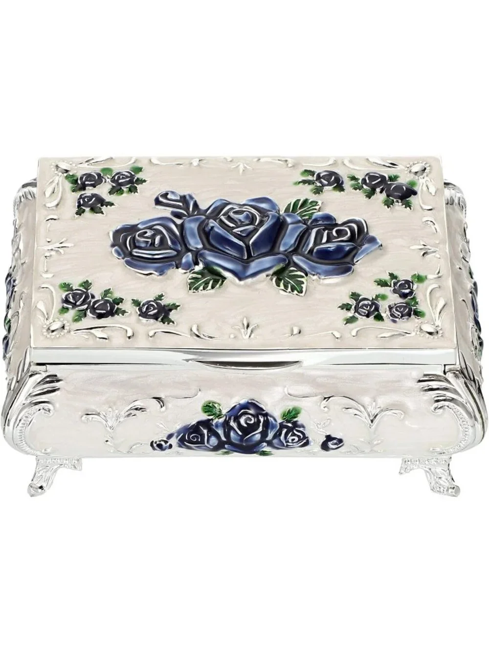 Vintage Small Metal White Trinket Case Engraved Jewelry Storage Box For Necklace